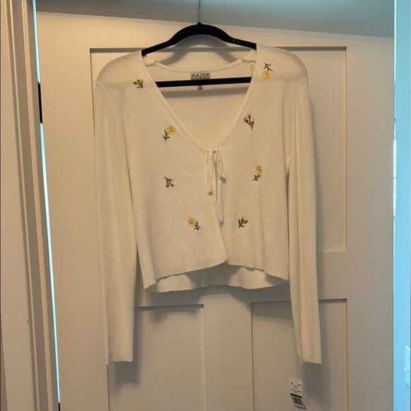 Sweaters - White Embroidered Cardigan with Floral Accents